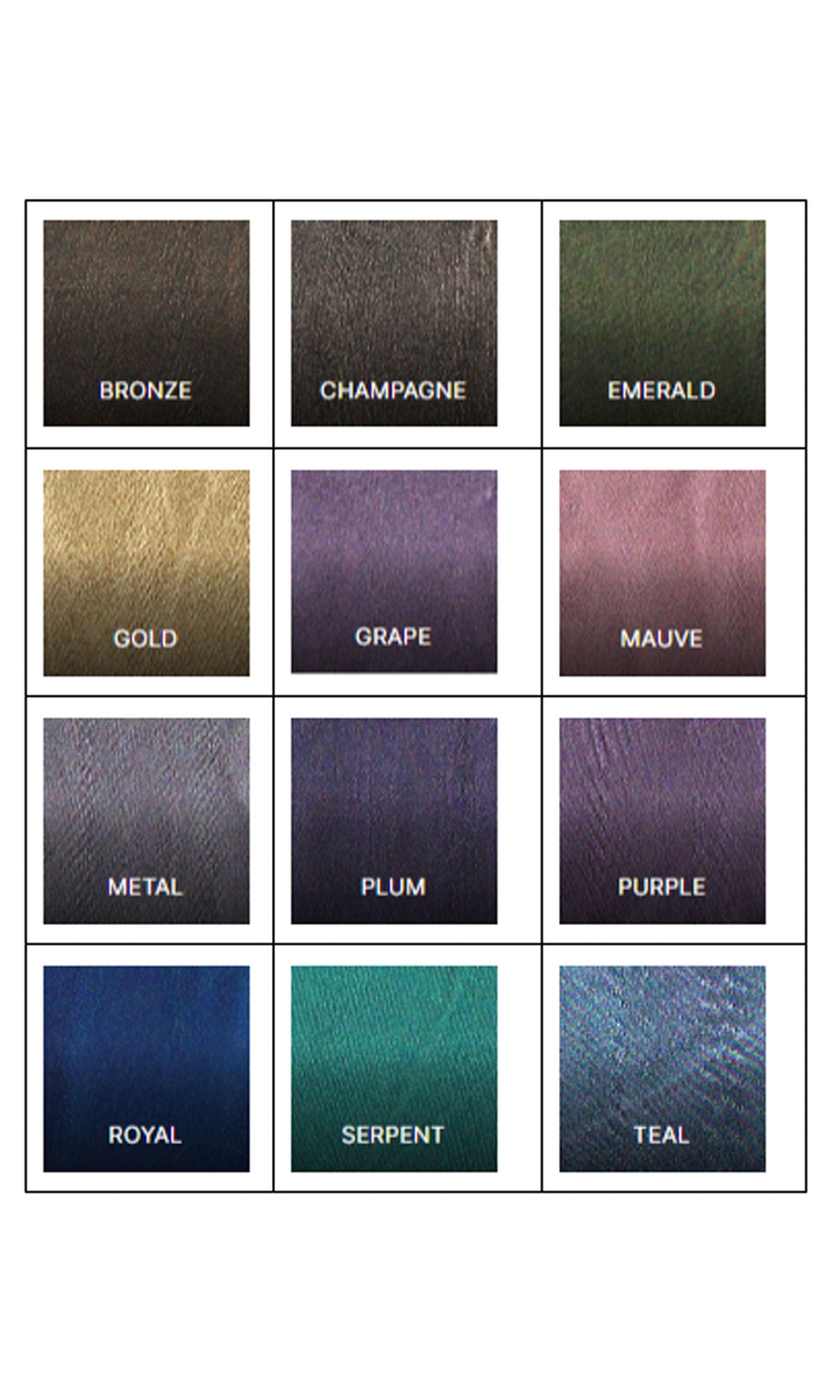 A chart displays fabric swatches in 12 colors—perfect for the Jessica Angel 2425 Asymmetrical Long Formal Dress—including bronze, champagne, emerald, gold, grape, mauve, metal, plum, purple, royal, serpent, and teal.